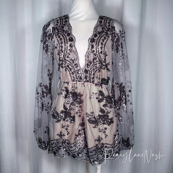 NWT L'Atiste Sheer Sleeve Sequined Deep V Neck Romper Lvander - Picture 2 of 14